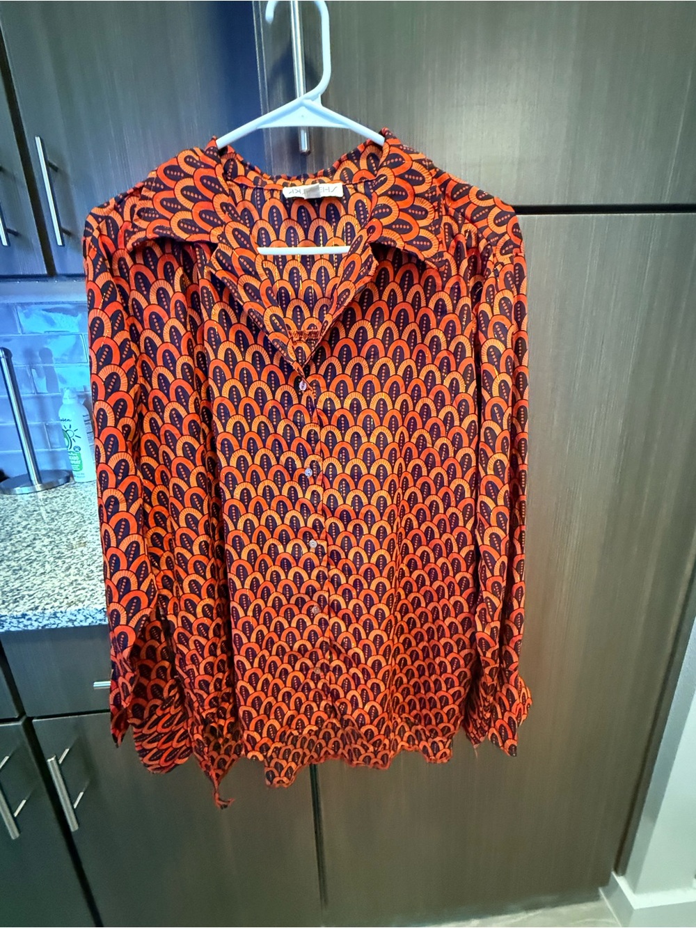 Womens Orange and Navy Printed Button-Up Blouse